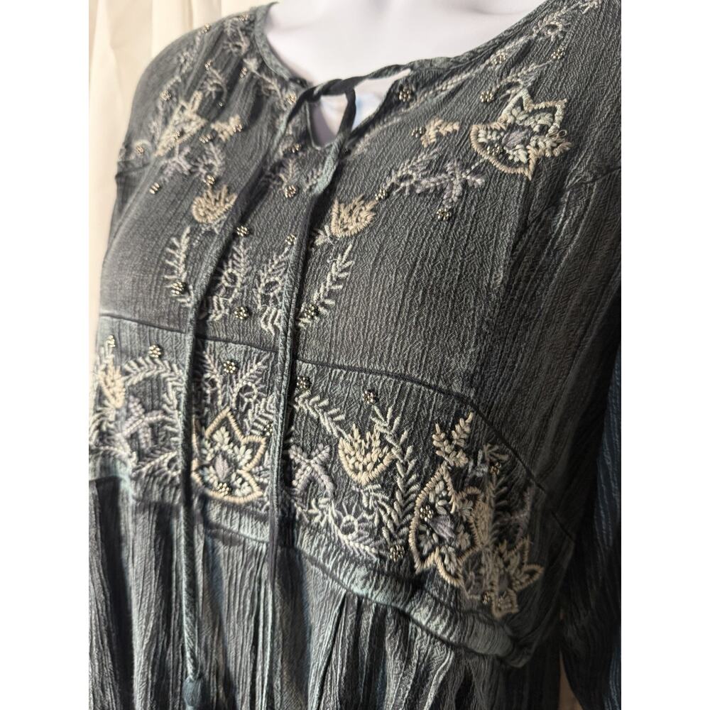 Dark Cottagecore Charcoal Gray Embroidered Boho Midi Dress Long Sleeve Size XL - Picture 3 of 8